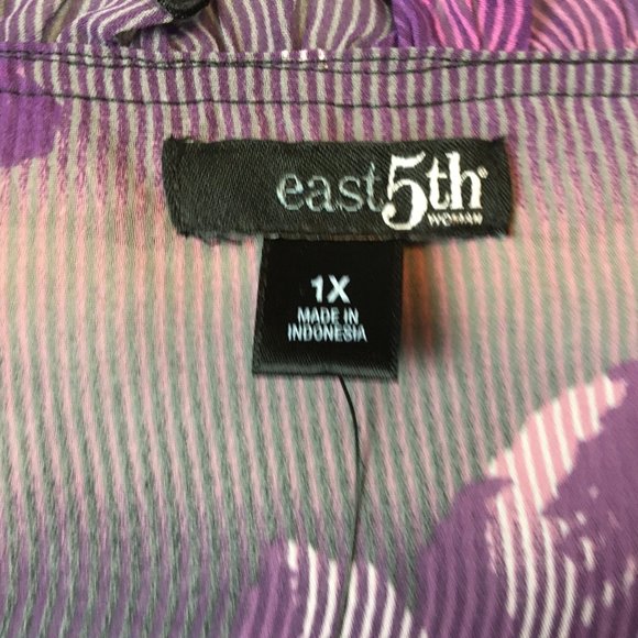 East 5th Top 1X Blouse Chiffon Button Front Smocked Short Sleeve Purple Office - Picture 6 of 10